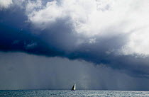 A small boat during a race in the Grenada Sailing Festival is engulfed by a heavy squall, Grenada, Caribbean.