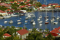 Yachts moored in the harbour of Gustavia, St Barthelemy, Caribbean.