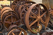 Rusting flywheel remains at the abandoned Grytviken whaling station, South Georgia.