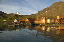Derelict rusting buildings at the abandoned whaling station at Grytviken, South Georgia.