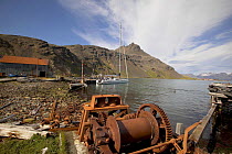 88ft sloop "Shaman" tied up to the dock at the abandoned whaling station in Grytviken, South Georgia.