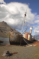 The abandoned wreck of the old whaling vessel ^Petrel^, Grytviken, South Georgia.