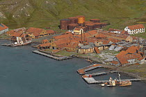 Grytviken, a deserted whaling station, active from 1918-1963, as seen from a hill top above King Edward point, South Georgia.