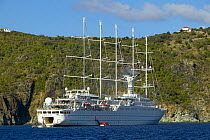 Cruise ship ""Wind Surf" anchored off St Barthelemy for the St Barts Bucket, Caribbean.