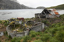 Old boats and a derelict building at the abandoned whaling station at Husvik, South Georgia.