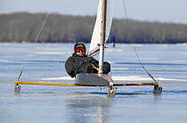 Ice yachting on Worden Pond, Rhode Island, USA.