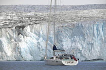 The 88ft yacht "Shaman" approaching the Nordenskjold Glacier in Cumberland Bay, South Georgia.
