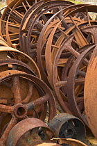 Rusting flywheel remains at the abandoned Grytviken whaling station, South Georgia.