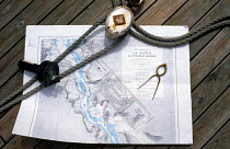 Chart of La Rance River in Brittany, with compass, dividers and Breton Plotter.