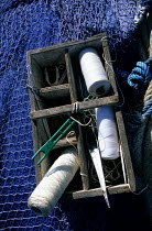 Sardine fishing net repair kit and nets. Concarneau, South Brittany, France.