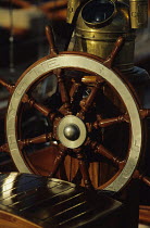 Wooden wheel and compass binnacle aboard 79ft ketch "Hygie", built in 1930.