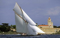 Cutter "Avel" sailing off St Honorat Abbey during the Regates Royales, Cannes, South France. "Avel" was designed by Charles E. Nicholson and launched in 1895 at Camper and Nicholson's ^^^boatyard in t...