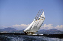 Classic schooner "Shenandoah" thrashing upwind in a rising mistral off St Tropez, South France.