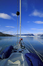 The anchor ball is raised as the anchor is being dropped in a fjord, Spitsbergen, Svalbard, Norway, 1998.