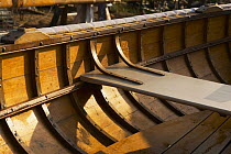 Thwart detail of wooden dinghy, Vineyard Haven, Martha's Vineyard, Massachusetts, USA.