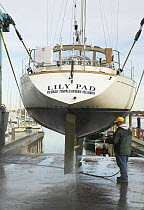Pressure washing cruising yacht "Lily Pad" at the end of the season.