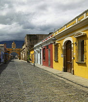 Colourful buildings line cobbled streets, Antigua, Guatemala.