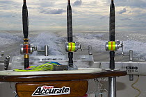 Offshore fishing reels lined up on the stern of a sport fishing boat, Guatemala.