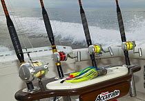 Offshore fishing reels lined up on the stern of a sport fishing boat, Guatemala.
