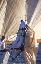 Bowmen aboard "Tuiga" lowering a foresail, La Nioulargue, Saint Tropez, France 1995.