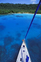 View from the top of the mast of a cruising yacht anchored at Champagne Beach, Vanuatu. Property Released.