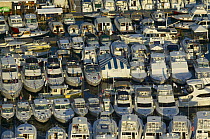 Boats packed into the marina for the Newport Boat Show, Rhode Island, USA.