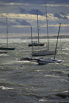 Hurricane force winds blowing across boats moored at Jamestown Island, Rhode Island, USA.