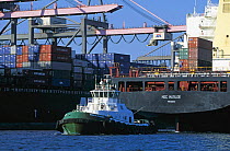 Tug boat towing a container ship out of Los Angeles harbor, California, USA.