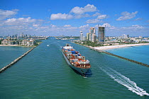 Container ship leaving Miami, Florida, USA.