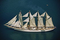 Aerial view of a tall ship under full sail.
