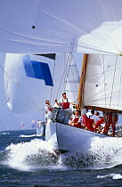 12m "Gleam" cutting through the waves as the crew trim the spinnaker, New York, USA. 150th Anniversary.