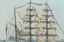 Crew on the yardarms of Tall Ship ^Gloria^ during a parade in New York, USA.