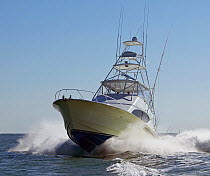 Sport fishing boat travelling at speed.