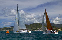 Racing yachts rounding the mark at Grenada Sailing Festival 2005, Grenada, Caribbean.