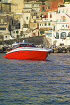 High performance motoryacht "Azzurra 63'" off Procida Island, Italy. The luxury yacht was built by Naples-based specialist Cantieri di Baia. It is 18.90 metres long ^^^and can reach speeds of 63 knots...