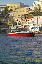 High performance motoryacht "Azzurra 63'" off Procida Island, Italy. The luxury yacht was built by Naples-based specialist Cantieri di Baia. It is 18.90 metres long ^^^and can reach speeds of 63 knots...