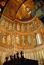 Interior of Monreale Cathedral (officially Santa Maria la Nuova), Sicily, formed from a fusion of artistic styles. ^^^The Normans conquered Sicily from about 1061 to 1091. This cathedral was built at...