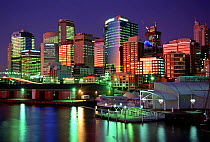 Downtown Sydney and waterfront lit up at night, Australia.