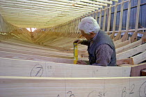 Shipwright at work during construction of a 38-metre wooden motorboat, at a boatbuilders in Fiumicino, Rome. ^^^It is rare today to see big boats such as this made of wood.