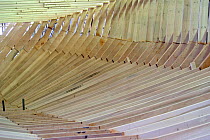 Wooden frame of the hull of a 38-metre wooden motorboat, being constructed at a boatbuilders in Fiumicino, Rome. ^^^It is rare today to see big boats such as this made of wood.