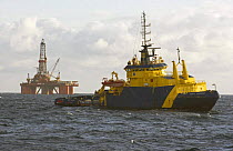Oil rig stand-by vessel "M.V. Scott Guardian" in attendance with a drilling rig on the North Sea, April 2005.