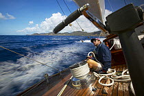 Trimming onboard J-Class "Velsheda", Antigua Classic Yacht Regatta 2005, Caribbean.