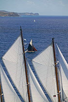 The small tan-sail Whitstable Oyster Smack "Ibis", appearing between the masts of the three-masted schooner "Fleurtje", Antigua Classic Yacht Regatta 2005, Caribbean.