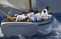 Traditional wooden boat "Genesis" racing at Antigua Classic Yacht Regatta 200, Caribbean.