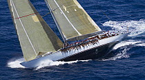 J-Class replica "Ranger" racing with the crew on the upside gunwale, Antigua Classic Yacht Regatta 2005, Caribbean.