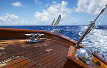 Looking back from the aft-deck of "Velsheda" at schooner "Windrose" and J-Class "Ranger" during Antigua Classic Yacht Regatta 2005, Caribbean. Property released (Velsheda).