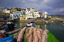 Fishermen's nets on the waterfront at Borgo Sant'Angelo, Ischia, Bay of Naples, Italy.