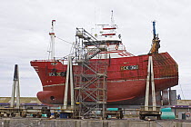 Buckie-registered Fishing vessel "Vela" on a shiplift for hull repairs, July 2006.