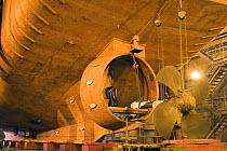Trawler propeller and tail-shaft being removed for repair. Peterhead shiplift, May 2005.