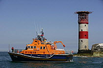 RNLI Lifeboat on standby near The Needles Lighthouse during the JPMorgan Round the Island Race, Isle of Wight, England, UK. 18th June 2005.